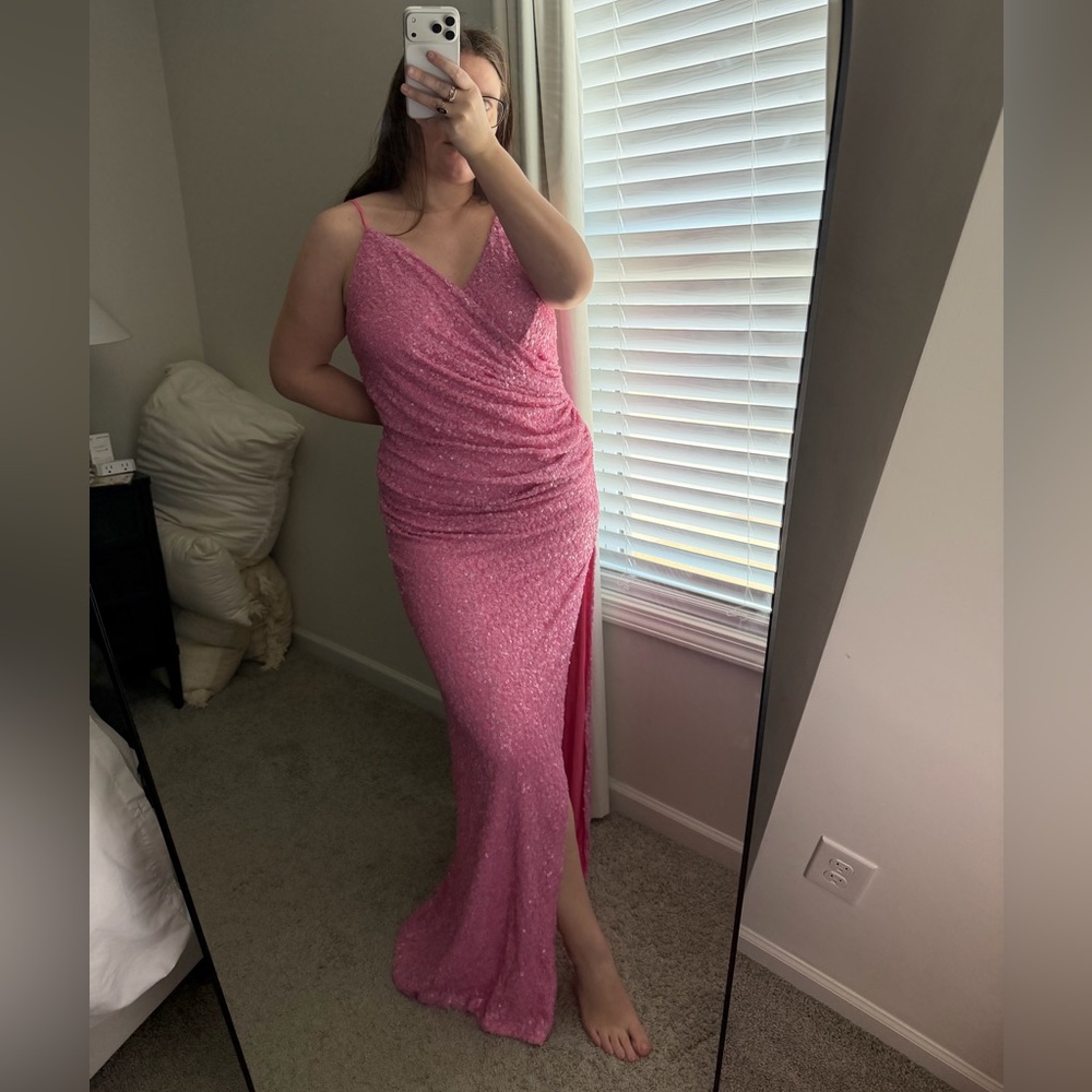 Pink Prom Sequin Wrap-Style Evening Gown Elegant Wedding Guest Cruise Dress